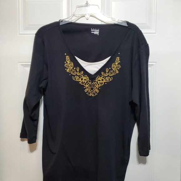 Basic Editions Black & Gold 3/4 Sleeve T-Shirt Top - Picture 11 of 11